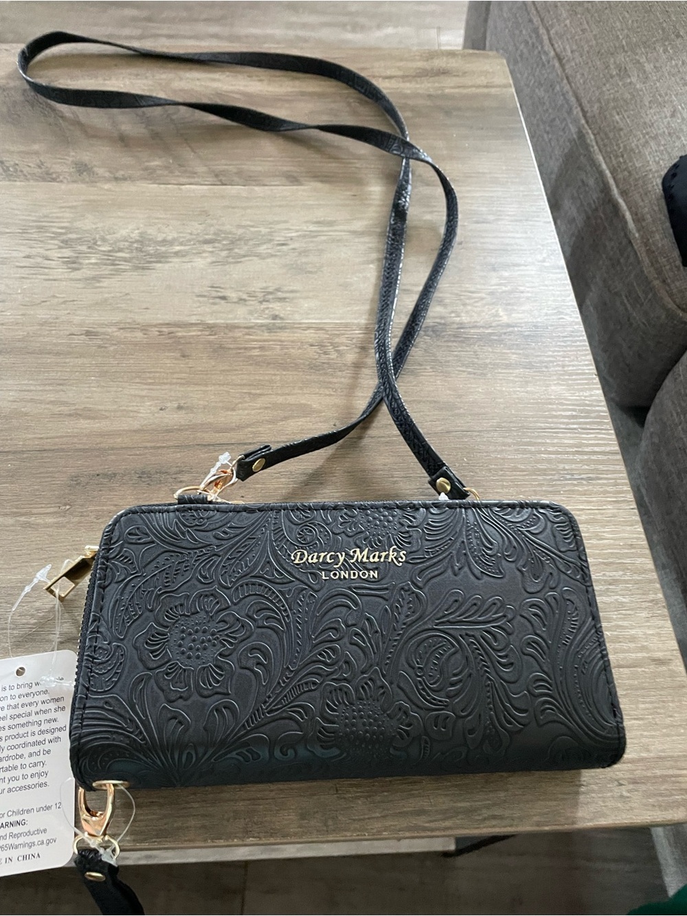 Darcy Marks London black embossed zip around crossbody wristlet card wallet